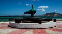 In La Paz on Malecon with statue on boardwalk